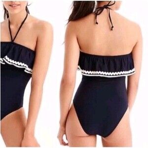 J.Crew Blu/wht Ruffle Bandeau Halter Neck OnePiece Swimsuit Sz 16 Preppy Coastal